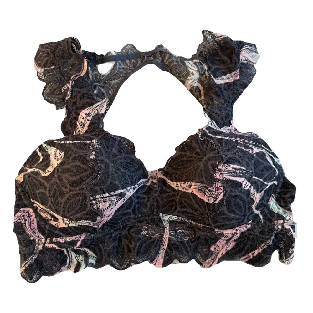 Victorias Secret PINK Date Push Up Bralette Size Medium Gray Floral Lace